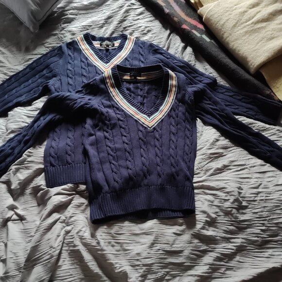 NWOT Hudson Bay Stripes His & Hers V-neck Sweaters Photoshoot Christmas Engageme - Picture 7 of 13